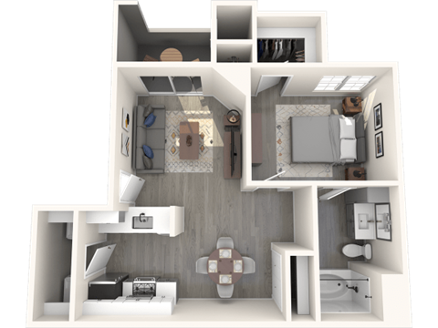 Floor plan for 1 bed, 1 bath, 750 sqft